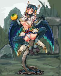 1girl bishaten blue_wings breasts claws food food_on_head fruit fruit_on_head full_body fur grin harpy highres horn large_breasts legs_apart monster_girl monster_hunter_(series) multicolored_hair object_on_head orange_eyes panties personification pointy_ears prehensile_tail smile smug solo stomach tail udetamago underboob underwear wings
