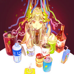 1girl absurdres arknights bunching_hair can confetti crazy_straw cup double-parted_bangs drink_can drinking_glass drinking_straw drinking_straw_in_mouth elf food_request grapefruit grapefruit_slice green_hair hair_intakes hands_on_own_face highres ice ice_cube juice_box laurel_crown long_hair looking_at_viewer lyuqiu mole mole_under_eye muelsyse_(arknights) plastic_bottle pocari_sweat pointy_ears solo table upper_body yakult yellow_eyes