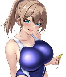 Rule 34 | 1girl, blue eyes, blue one-piece swimsuit, blush, breasts, brown hair, collarbone, competition swimsuit, cowboy shot, highres, holding, holding whistle, impossible clothes, impossible swimsuit, intrepid (kancolle), kantai collection, large breasts, looking at viewer, montemasa, multicolored swimsuit, one-hour drawing challenge, one-piece swimsuit, ponytail, short hair, smile, solo, swimsuit, twitter username, two-tone swimsuit, whistle, white background
