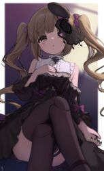 1girl bare_shoulders black_dress black_thighhighs brown_eyes brown_hair crossed_legs detached_sleeves doll_joints dress expressionless flat_chest hat highres idolmaster idolmaster_cinderella_girls jia_wenyuan joints lolita_fashion long_hair looking_at_viewer parted_lips sitting solo thighhighs twintails wavy_hair yorita_yoshino