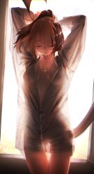 1girl absurdres ahoge alternate_costume arms_up breasts brown_hair closed_eyes commentary cowboy_shot floomf gigi_murin gluteal_fold hair_between_eyes hair_tie_in_mouth highres hololive hololive_english huge_ahoge jewelry long_sleeves medium_breasts mouth_hold multicolored_hair naked_shirt necklace oversized_clothes oversized_shirt partially_unbuttoned ponytail see-through_clothes see-through_shirt see-through_silhouette shirt solo tail thigh_gap two-tone_hair tying_hair virtual_youtuber
