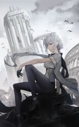 1girl absurdres black_gloves black_pants black_shoes blue_eyes cloud cloudy_sky from_side gloves grey_hair highres i&#039;m_quitting_the_hero&#039;s_party looking_at_viewer official_art outdoors pants pepperdevil rania_van_trias robe shirt shoes short_sleeves sitting sky solo white_hair white_robe white_shirt