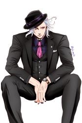 1boy alternate_costume black_pants black_suit blue_eyes fedora formal_clothes hades_(shuumatsu_no_valkyrie) hat highres looking_at_viewer mafia male_focus necktie ornament pants shaded_face short_hair shuumatsu_no_valkyrie sitting solo suit tattoo watch white_hair wristwatch