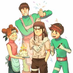Rule 34 | 1girl, 3boys, apron, bandaged arm, bandaged hand, bandaged leg, bandages, belt, birthday cake, black eyes, black hair, black shorts, blue apron, blunt bangs, blush, bowl cut, brown hair, cake, chinese clothes, clenched hand, closed mouth, cowboy shot, double bun, food, frilled apron, frills, green eyes, green jumpsuit, grin, hair bun, hand in pocket, hand on own shoulder, happy birthday, headband, holding, holding brush, holding party popper, hyuuga neji, jumpsuit, light smile, long hair, might guy, multiple boys, naruto (classic), naruto (series), open mouth, parted bangs, party popper, pink apron, pink vest, red belt, rock lee, shirt, short hair, shorts, sidelocks, smile, streamers, teeth, tenten (naruto), thick eyebrows, trano 613, turtleneck, vest, waist apron, white background, white shirt
