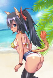 Rule 34 | animal ears, ass, balulu alma, beach, bikini, bikini shorts, black hair, black thighhighs, blue eyes, blue sky, bow, emil chronicle online, from side, hair bow, highres, long hair, micro shorts, ocean, open mouth, serizawa (knight2020), short shorts, shorts, side ponytail, sky, swimsuit, tail, tan, tanline, thighhighs