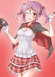 1girl alternate_costume anti_(untea9) black_cape breasts cape cleavage cowboy_shot gradient_background hair_between_eyes hat highres holding holding_unworn_clothes holding_unworn_hat kantai_collection magician medium_breasts one_eye_closed pink_hair plaid_clothes plaid_skirt rabbit red_background red_eyes red_skirt sazanami_(kancolle) skirt smile solo strapless top_hat tube_top twintails unworn_hat unworn_headwear wand white_tube_top