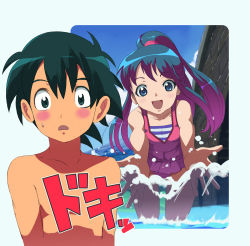 1boy 1girl ash_ketchum black_hair blue_eyes blue_hair blue_sky dawn_(pokemon) hat long_hair looking_at_another looking_at_viewer makoto_daikichi nintendo one-piece_swimsuit open_mouth pokemon pokemon:_arceus_and_the_jewel_of_life pokemon_(anime) pokemon_dppt_(anime) ponytail sky smile swimsuit topless_male water wide_hips
