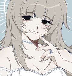 1girl aegyo_sal bare_shoulders black_eyes breasts brown_hair cleavage commentary english_commentary highres jewelry large_breasts original portrait ring saccharhythm smile solo