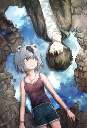 1boy 1girl :| animal_ear_request animal_ears black_hair blue_shorts bracelet breasts closed_eyes closed_mouth commentary_request day green_jacket grey_eyes grey_hair hair_between_eyes highres jacket jewelry looking_at_another lying marie_(shoujo_null) necklace on_back red_shirt red_tank_top reflection shirt short_hair shorts shoujo_null small_breasts suzuki_riaha tank_top tokunaga_akimasa white_shirt