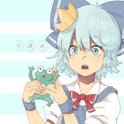 Rule 34 | 1girl, blue background, blue bow, blue dress, blue eyes, blue hair, blue wrist cuffs, bow, cirno, cirno day, commentary, crown, d:, dress, frog, gold crown, hair bow, heasil, open mouth, puffy short sleeves, puffy sleeves, shirt, short hair, short sleeves, solo, striped background, symbol-only commentary, touhou, upper body, white shirt, wrist cuffs