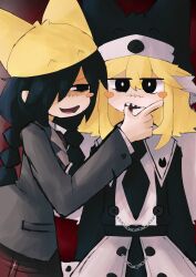 2girls absurdres animal_ear_headwear animal_ears bad_id bad_twitter_id black_eyes black_hat blonde_hair blood blood_on_hands blush_stickers braid bright_pupils commentary cowboy_shot english_commentary fake_animal_ears finger_in_another&#039;s_mouth funamusea grey_jacket hair_over_one_eye hat highres iesonatana inactive_account jacket kurai_yonaka long_hair long_sidelocks long_sleeves looking_at_another looking_at_viewer low_twin_braids moge-ko mogeko_castle multiple_girls one_eye_covered open_mouth sidelocks smile standing twin_braids white_pupils