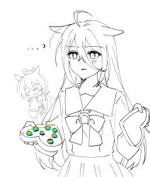 Rule 34 | ...?, 2girls, agnes tachyon (umamusume), ahoge, animal ears, box, box of chocolates, breasts, coat, crossed bangs, duck sal, ears down, gift, hair between eyes, heart-shaped box, holding, holding box, holding gift, holding lid, horse ears, horse girl, lab coat, long bangs, long hair, long hair between eyes, long sleeves, looking at object, manhattan cafe (umamusume), multiple girls, open clothes, open coat, open mouth, parted lips, pleated skirt, sailor collar, school uniform, shirt, skirt, sleeves past fingers, sleeves past wrists, smile, spot color, tracen school uniform, turn pale, umamusume, unamused, valentine, very long hair