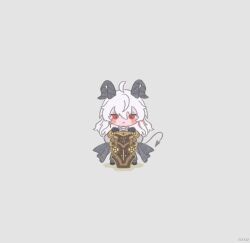1010_(wuthering1100) 1girl ahoge artist_name black_gloves black_horns black_pants black_tail chibi chibi_only closed_mouth commentary_request curled_horns demon_tail earrings gloves grey_background hair_between_eyes highres holding holding_shield horns jewelry key_earrings long_hair looking_at_viewer multicolored_hair pants red_eyes shield simple_background single_earring solo standing streaked_hair tail white_hair wuthering_waves zani_(wuthering_waves)