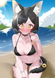 1girl animal_ear_fluff animal_ears beach bikini black_bikini black_choker black_hair breasts choker cleavage embarrassed highres hololive kani_bonara large_breasts looking_at_viewer medium_breasts medium_hair multicolored_hair navel ookami_mio red_hair side-tie_bikini_bottom sitting solo swimsuit tail tail_around_own_leg virtual_youtuber wet wolf_ears wolf_girl wolf_tail yellow_eyes