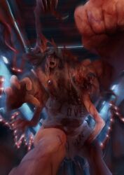 1other apron blood blue_hair body_horror brown_hair clenched_hand highres intestines library_of_ruina long_hair looking_at_viewer monster project_moon string_lights tomerry_(project_moon) train_interior white_apron yatsumeunagi
