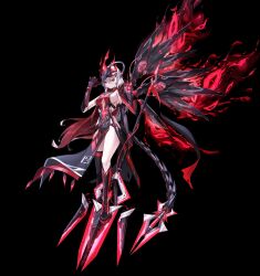 1girl absurdres black_background black_gloves black_skirt black_wings breasts clothing_cutout dress elbow_gloves full_body gloves highres holding holding_polearm holding_weapon k0a large_breasts mechanical_tail mechanical_wings original polearm short_hair single_thighhigh skirt spear tail thighhighs two-tone_dress underboob_cutout weapon white_background white_hair wings yellow_eyes