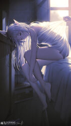 1girl 1other absurdres artist_name bare_arms bare_legs bare_shoulders barefoot bedside breasts chest_of_drawers closed_mouth clothes_pull drooling elf feet frieren green_eyes highres indoors leaning_on_object legs light_particles long_hair one_eye_closed pajamas pixiv_id pointy_ears see-through_silhouette shirt_pull signature sitting small_breasts solo_focus sousou_no_frieren suitcase thighs toes waking_up white_chemise white_hair white_pajamas yuxing_yuhang
