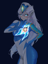 Rule 34 | 1girl, absurdres, armor, asymmetrical arms, black background, blue bodysuit, blue eyes, blue gloves, blush, bodysuit, breastplate, breasts, chinese commentary, closed mouth, color timer, commentary, contrapposto, covered navel, cowboy shot, crystal, dark, eyeshadow, floating hair, genderswap, genderswap (mtf), gloves, glowing, glowing armor, glowing crystal, hair between eyes, hand on own hip, hand up, headgear, highres, humanization, lipstick, long hair, looking at viewer, makeup, medium breasts, multicolored bodysuit, purple eyeshadow, purple hair, signature, silver bodysuit, skin tight, smile, solo, standing, tokusatsu, ultra series, ultraman decker, ultraman decker (miracle type), ultraman decker (series), v, v over mouth, yi (user jwth4284)