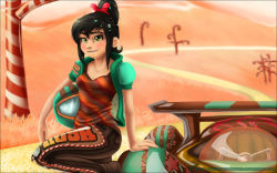1girl aged_up black_hair candy candy_cane disney female_focus food hair_tie height_difference helmet jacket logo race_car race_track smile solo sugar_rush_(sugarsafaia) vanellope_von_schweetz vyntresser wreck-it_ralph yellow_eyes
