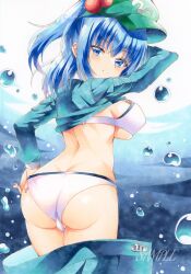 1girl absurdres ass blue_eyes blue_hair blue_shirt blue_skirt butt_crack clothes_lift flat_cap green_hat hair_bobbles hair_ornament hat highres huyugiri_luna kawashiro_nitori key looking_at_viewer looking_back marker_(medium) panties shirt shirt_lift skirt skirt_partially_removed smile solo touhou traditional_media twintails two_side_up underwear undressing
