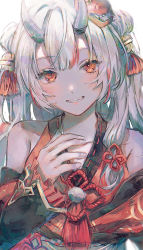 1girl absurdres bare_shoulders bell blush commentary_request detached_sleeves eyelashes flower_knot hair_bell hair_ornament hand_on_own_chest highres hololive horns japanese_clothes kimono long_hair looking_at_viewer mask multicolored_hair nakiri_ayame nakiri_ayame_(1st_costume) oni_mask oo6 red_eyes red_hair red_kimono simple_background skin-covered_horns smile solo streaked_hair tassel teeth two_side_up upper_body virtual_youtuber white_background white_hair