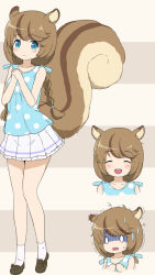 0_0 1girl :d ^_^ animal_ears beige_background blouse blue_eyes blue_shirt blush braid brown_background brown_footwear closed_eyes closed_mouth hair_tie hands_up large_tail loafers long_hair looking_at_viewer low_twintails maplestory multiple_views nekono_rin open_mouth own_hands_together pleated_skirt polka_dot polka_dot_shirt shirt shoes skirt sleeveless sleeveless_shirt smile socks squirrel_ears squirrel_girl squirrel_tail standing striped_background sweat tail trembling turn_pale twin_braids twintails wavy_mouth white_legwear white_skirt