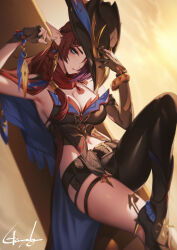 1girl armpits asymmetrical_gloves belt black_belt black_gloves black_hat black_nails blue_eyes braid breasts chasca_(genshin_impact) cleavage closed_mouth elbow_gloves genshin_impact genyaky gloves hands_up hat highres large_breasts long_hair looking_at_viewer lying mismatched_gloves nail_polish navel on_back outdoors pointy_ears red_hair red_scarf scarf signature solo thigh_strap thighs