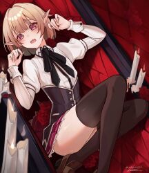 1boy absurdres akumana black_thighhighs blonde_hair coffin collared_shirt commission frilled_skirt frills gasper_vladi high_school_dxd highres looking_at_viewer open_mouth pixiv_commission pointy_ears red_eyes shirt shoes short_hair skindentation skirt thighhighs thighs trap vampire white_shirt
