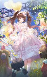 4girls artist_request bag balloon blue_sky blunt_bangs bow bowtie brown_hair child collarbone day dodora dress dress_bow eyelashes facial_tattoo frilled_dress frilled_sleeves frills full_body fur_hairband fur_wrist_cuffs game_cg gradient_hair grass hair_ornament hairband handbag happy heart heart_balloon heart_tattoo highres knees light_particles lolita_fashion long_hair long_sleeves medium_dress multicolored_hair multiple_girls nikki_(series) official_art open_mouth outdoors paper_airplane pink_bow pink_bowtie pink_dress pink_hair puffy_long_sleeves puffy_sleeves rainbow_hair_ornament red_eyes see-through_clothes see-through_sleeves shining_nikki sky smile solo_focus sparkling_dream_(shining_nikki) square_neckline stage star_(symbol) star_hair_ornament streamers sweet_lolita tattoo teeth tree two-tone_hair upper_teeth_only very_long_hair white_bag white_hairband white_sleeves white_wrist_cuffs wrist_cuffs