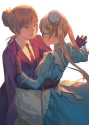 2girls absurdres apron axis_powers_hetalia back back_bow blonde_hair blue_dress bow brown_hair buttons chinese_commentary closed_mouth coat collared_shirt commentary_request cowboy_shot crown_hair_ornament dress formal_clothes france_(female)_(hetalia) france_(hetalia) frills genderswap genderswap_(mtf) gloves green_eyes hair_between_eyes hair_bun hair_ornament half-closed_eyes hand_around_waist hands_up hat highres holding_hands jacket juliet_sleeves lapels lips long_hair long_sleeves looking_at_another mini_hat multiple_girls necktie open_clothes open_coat puffy_sleeves purple_coat purple_eyes purple_gloves purple_jacket red_necktie shirt short_hair sidelocks simple_background skirt smile star_(symbol) suit_jacket twintails united_kingdom_(female)_(hetalia) united_kingdom_(hetalia) v-shaped_eyebrows white_apron white_background white_bow white_hat white_shirt white_skirt x_hair_ornament yuri