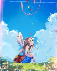 1girl bag blue_legwear blue_shirt brown_eyes brown_hair bucket_hat cloud commentary creatures_(company) day falling_leaves framed game_freak gen_1_pokemon grass hair_flaps hanenbo hat leaf leaf_(pokemon) legendary_pokemon long_hair looking_up loose_socks messenger_bag mew_(pokemon) mythical_pokemon nintendo outdoors pokemon pokemon_(creature) pokemon_frlg red_skirt shirt shoes shoulder_bag signature skirt sky sleeveless sleeveless_shirt socks squatting symbol-only_commentary unworn_hat unworn_headwear white_footwear white_headwear wristband yellow_bag