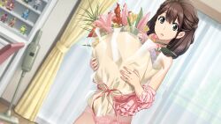 1girl bedroom blurry blurry_foreground bouquet bow breasts brown_eyes brown_hair caught cleavage clothes_lift clothing_cutout collarbone covering_privates curtains dressing dutch_angle figure flower fukuda_tomonori game_cg grin hair_between_eyes hair_pulled_back highres indoors lace lace-trimmed_panties lace_panties lace_trim lingerie long_hair long_sleeves looking_at_viewer medium_hair navel non-web_source off_shoulder official_art open_mouth panties partially_undressed pink_bow pink_panties pink_shirt robotics;notes senomiya_akiho shelf shirt shirt_lift smile solo toy toy_robot underwear underwear_only vacuum_cleaner white_panties window wooden_floor