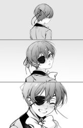 blish bow bowtie child ciel_phantomhive earrings eyepatch jacket jewelry kuroshitsuji looking_at_viewer looking_back milkoosagi patch short_hair shota smile square_enix
