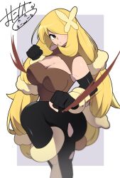 1girl alternate_hairstyle black_pants blonde_hair border breasts cleavage commentary_request cosplay cynthia_(pokemon) gen_4_pokemon grey_background hair_over_one_eye highres large_breasts long_hair looking_at_viewer lopunny lopunny_(cosplay) mega_lopunny mega_pokemon mituyota_76 nintendo outside_border pants pokemon pokemon_dppt signature simple_background solo standing standing_on_one_leg torn_clothes torn_pants two-tone_background very_long_hair white_border yellow_eyes