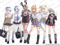 6+girls absurdres alsace_(azur_lane) azur_lane bag black_footwear black_socks blonde_hair blue_hair brown_footwear closed_mouth dark-skinned_female dark_skin dido_(azur_lane) double_v grey_hair guam_(azur_lane) gyaru hair_bun hair_over_one_eye hand_up hands_up hidulume highres horns jade_(azur_lane) kumano_(azur_lane) loafers long_hair looking_at_viewer loose_socks multiple_girls official_art open_mouth owari_(azur_lane) parted_lips sample_watermark school_bag school_uniform shoes short_hair single_hair_bun sirius_(azur_lane) skirt smile socks standing standing_on_one_leg striped_clothes striped_socks two_side_up v watermark white_hair white_socks