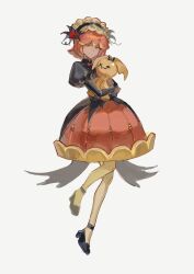 1girl black_gloves black_shoes closed_mouth cookie_run cookie_run:_kingdom dark_skin dress f4d1a6 full_body gloves hairband highres holding holding_stuffed_toy juliet_sleeves lolita_hairband long_sleeves looking_at_viewer orange_eyes orange_hair pantyhose puffy_dress puffy_sleeves pumpkin_pie_cookie ribbon shoes short_hair simple_background smile solo stuffed_toy white_background yellow_pantyhose