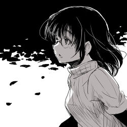 1girl female_focus glasses greyscale kubocha lowres monochrome profile solo