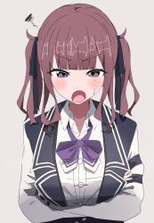 Rule 34 | &gt;:(, 1girl, :o, absurdres, adachi kasuka, arm under breasts, black ribbon, blunt bangs, blush, bow, bowtie, breasts, brown hair, commentary request, crossed arms, dress shirt, flustered, hair ribbon, highres, large breasts, long hair, looking at viewer, mole, mole under eye, natsuki karin, purple bow, purple eyes, ribbon, shirt, simple background, solo, squiggle, synthesizer v, twintails, v-shaped eyebrows, vest, white shirt