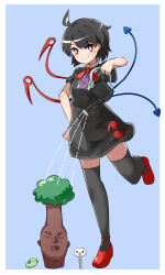 1boy 1girl ahoge asymmetrical_wings black_dress black_hair black_thighhighs blue_background blue_wings blush border bow bowtie breasts brown_eyes buttons center_frills closed_mouth commentary_request cookie_(touhou) dress frilled_dress frills full_body highres houjuu_nue looking_at_viewer manatsu_no_yo_no_inmu mary_janes medium_breasts meimei_(cookie) miura_daisenpai red_bow red_bowtie red_footwear red_wings shoes short_dress short_hair short_sleeves simple_background smile soyo1558686 split_mouth standing standing_on_one_leg thighhighs tomoe_(symbol) touhou watering watering_can white_border wings