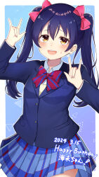 Rule 34 | 1girl, absurdres, blazer, blue hair, blue jacket, blush, bow, bowtie, brown eyes, cosplay, hair bow, highres, jacket, long hair, love live!, love live! school idol project, nico nico nii, otonokizaka school uniform, ozawasan0930, school uniform, sonoda umi, sweatdrop, twintails, yazawa nico, yazawa nico (cosplay)