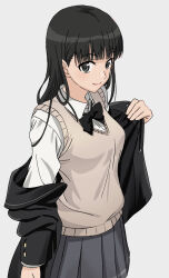 1girl amagami ayatsuji_tsukasa black_bow black_bowtie black_eyes black_hair black_jacket black_sailor_collar blazer blue_background blunt_bangs bow bowtie closed_mouth collared_shirt gradient_background grey_skirt highres jacket kibito_high_school_uniform kippei long_hair long_sleeves looking_at_viewer off_shoulder pleated_skirt sailor_collar school_uniform shirt skirt solo sweater_vest undressing white_shirt yellow_sweater_vest