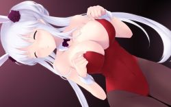 1girl animal_ears blue_eyes breasts cait_aron cleavage closed_eyes fake_animal_ears female_focus large_breasts leotard mabinogi nao_(mabinogi) pantyhose playboy_bunny rabbit_ears silver_hair solo
