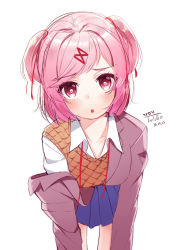 1girl :o artist_name bent_over blazer blue_skirt blush breasts collarbone collared_shirt dated doki_doki_literature_club female_focus hair_ornament hairclip heart heart-shaped_pupils heart_in_eye jacket long_sleeves looking_at_viewer medium_breasts miniskirt natsuki_(doki_doki_literature_club) open_mouth orange_vest pink_eyes pink_hair pleated_skirt removing_jacket ribbon school_uniform shirt short_hair signature simple_background skirt solo symbol-shaped_pupils symbol_in_eye the_cold two_side_up vest white_background white_shirt
