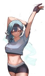 1girl absurdres blouse blue_hair casual eula_(genshin_impact) genshin_impact grey_shirt hairband half-closed_eyes highres midriff navel shirt short_shorts shorts smile solo sweat wokiiarts