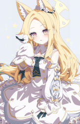 Rule 34 | 1girl, absurdres, animal ear fluff, animal ears, bird, bird on hand, black neckerchief, blonde hair, blue archive, blush, chinese commentary, commentary, dress, extra ears, fox ears, fox girl, fox tail, grey background, halo, highres, hua-huahua, neckerchief, seia (blue archive), sleeves past wrists, solo, sparkle, star (symbol), tail, tit (bird), white dress, white sleeves, yellow eyes, yellow halo