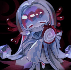 Rule 34 | 1girl, agar agar cookie, akibevillage, black background, blush, closed mouth, colored skin, commentary request, cookie run, cookie run: kingdom, coral hair ornament, half-closed eyes, highres, hime cut, holding, holding mirror, japanese clothes, kimono, long hair, long sleeves, looking at viewer, mirror, red eyes, simple background, smile, solo, straight hair, very long hair, white hair, white kimono, white skin, wide sleeves