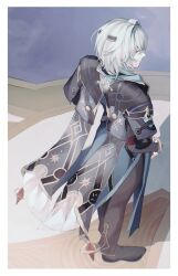 1boy absurdres anaxa_(honkai:_star_rail) aqua_hair back black_pants black_shoes from_above full_body fz7047 hair_between_eyes highres honkai:_star_rail honkai_(series) looking_back male_focus pants shoes solo standing upper_body