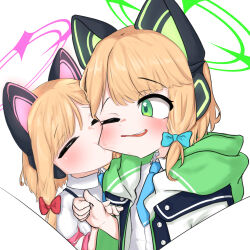 2girls absurdres akizora_103 animal_ear_headphones animal_ears biting biting_cheek blonde_hair blue_archive blue_bow blue_necktie blush bow buttons cat_ear_headphones cat_ears cheek_pull clenched_hand closed_eyes collared_shirt commentary dot_nose fake_animal_ears fang green_eyes green_halo green_jacket hair_bow halo hand_on_another&#039;s_wrist hand_up headphones highres hood hood_down hooded_jacket incest jacket long_sleeves low-tied_sidelocks midori_(blue_archive) momoi_(blue_archive) multicolored_jacket multiple_girls necktie one_eye_closed open_clothes open_jacket open_mouth pink_halo raised_inner_eyebrows red_bow school_uniform shirt short_hair siblings sidelocks simple_background sisters smile suspenders teeth twins two-sided_fabric two-sided_jacket upper_body upper_teeth_only white_background white_shirt wide_sleeves