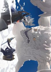 Rule 34 | 1girl, 1other, chinese commentary, commentary request, crown, exif rotation, facing away, grey hair, highres, holding, holding polearm, holding shield, holding sword, holding weapon, monster, monster hunter: world, monster hunter (series), nainainainainaiya, polearm, shara ishvalda, shield, sword, weapon