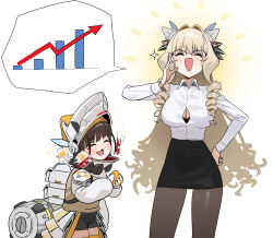 2girls :3 ^_^ absurdres alternate_costume backpack bag bar_chart black_bra black_skirt blonde_hair blunt_bangs blush bra bra_peek breasts brown_hair chime_(nikke) closed_eyes collared_shirt commentary cowboy_shot crown_(nikke) drill_hair drill_sidelocks emphasis_lines gloves goddess_of_victory:_nikke graph hair_intakes hand_on_own_hip hand_up helm helmet highres hip_armor large_breasts laughing long_hair long_sleeves miniskirt multiple_girls ojou-sama_pose open_mouth own_hands_together pantyhose partially_unbuttoned puffy_sleeves shiny_skin shirt short_hair sidelocks simple_background skirt sparkle stock_chart unbuttoned unbuttoned_shirt underwear upper_body very_long_hair wge white_background white_knight_(nikke) white_shirt